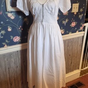 White Puff-Sleeve Smocked Midi Dress by The Drop